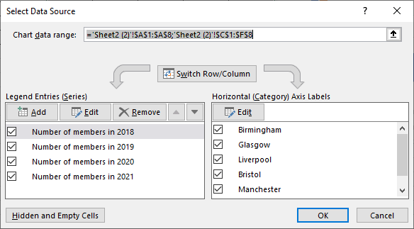 Excel 2016 Select Data Source dialog box
