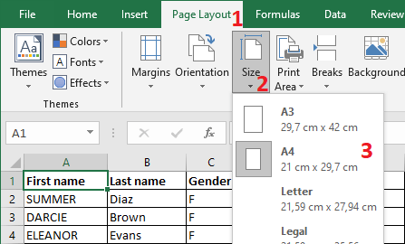 Excel 2016 Size menu on the Page Layout