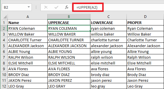 Excel 2016 UPPER, LOWER and PROPER functions