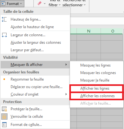 Excel 2016 Afficher les lignes Afficher les colonnes