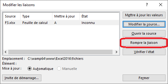 Excel 2016 Boite de dialogue Modifier les liens