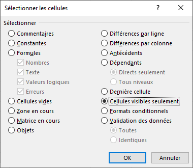 Excel 2016 Boite de dialogue S&eacute;lectionner les cellules