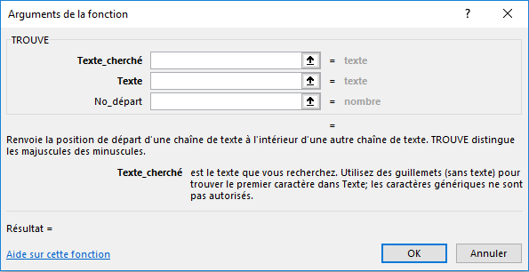 Boite de dialogue Arguments de la fonction