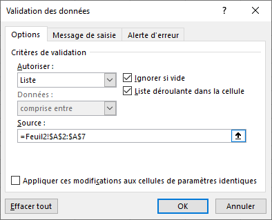 Excel 2016 Boite de dialogue Validation des donn&eacute;es