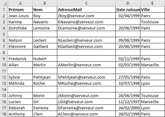 Excel 2016 Exemple supprimer les lignes vides