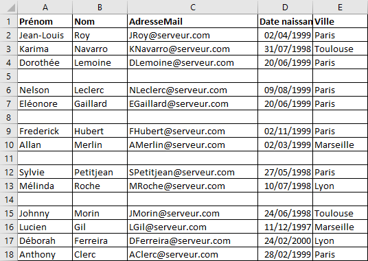 Excel 2016 Exemple supprimer les lignes vides