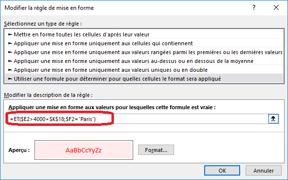 Boite de dialogue Modifier la règle de mise en forme