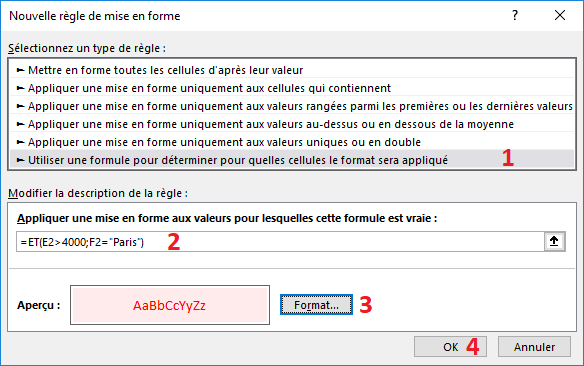 Boite de dialogue Nouvelle règle de mise en forme