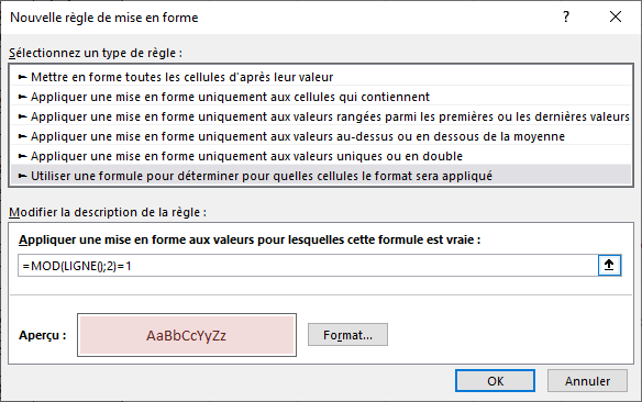 Excel 2016 Boite de dialogue Nouvelle r&egrave;gle de mise en forme