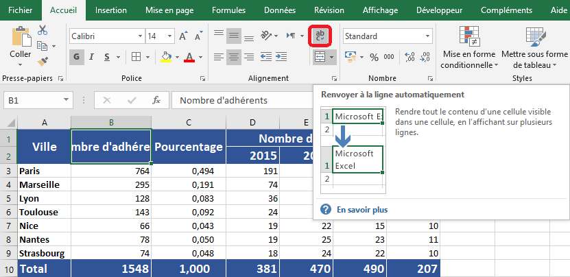 Bouton Renvoyer à la ligne automatiquement