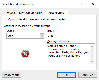 Excel 2016 Boite de dialogue Validation des donn&eacute;es Alerte d'erreur
