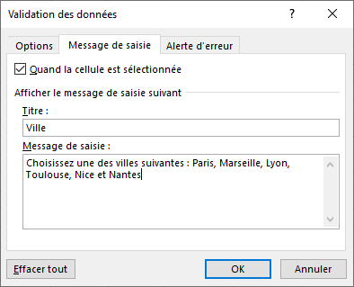 Excel 2016 Boite de dialogue Validation des donn&eacute;es Message de saisie