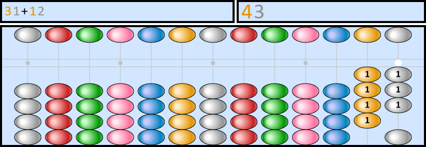 Soroban representing the number 31+12