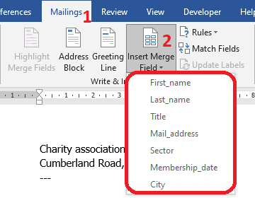 Word 2016 Insert Merge Field menu