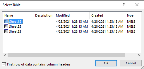 Word 2016 Select Table dialog box