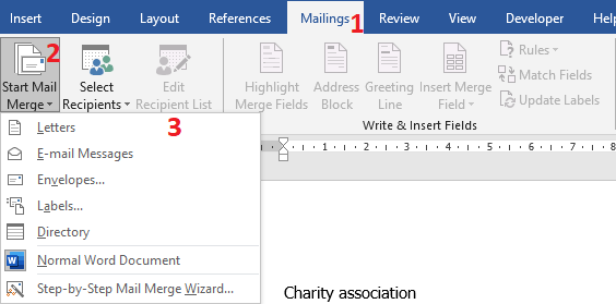 Word 2016 Start Mail Merge menu